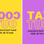 图片:两个颜色相对应的图形的拼贴图像. 其中一个用黄色粗体字写着“外出就餐，参加4月27日至28日的同性恋食品大会”,底部是“2024”，右边的是紫色文字，上面写着“COOK OUT”，左边的图片上是下面的文字.